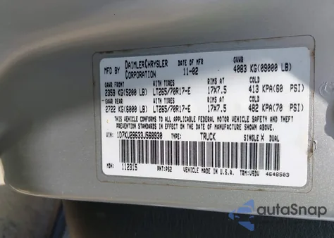 2003 Dodge Ram 2500 Slt/Laramie/St z USA, uszkodzony, nr VIN 1D7KU28633J568930